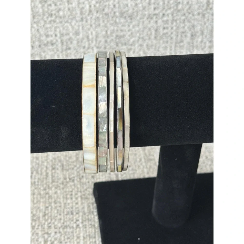 Vintage Mother of Pearl Abalone Shell Inlay Bangle Bracelet Set Stackable 5pc